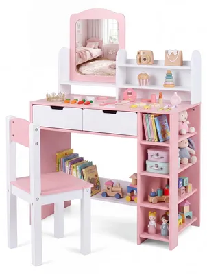 Produktbild von COSTWAY Schminktisch Kinder, Frisiertisch, Kosmetiktisch mit Spiegel, Hocker, Regalen & 2 Schubladen, Kinderschminktisch Set für Kinder ab 3+, Weiß