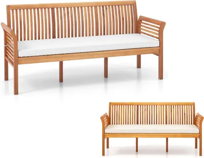Produktbild von KOMFOTTEU 3-Sitzer Gartenbank aus Akazienholz, Parkbank mit abnehmbarem Kissen, Sitzbank Holzbank mit Rückenlehne, Terrassenbank bis 540 kg belastbar, 159 x 59 x 77 cm