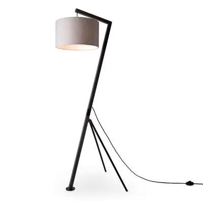 A modern floor lamp with a tripod base and a fabric shade.