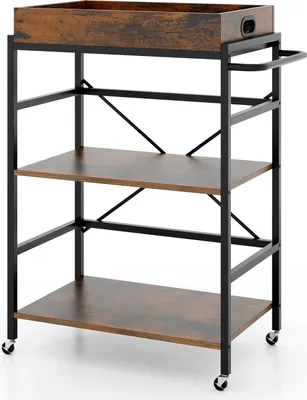 A three-tiered rolling cart with a wooden top tray and shelves, and a black metal frame.