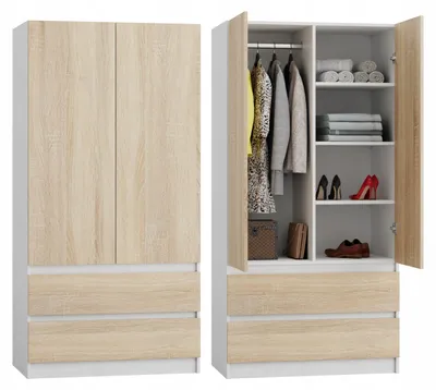 Produktbild von Kleiderschrank Weiß/Sonoma - 90x50x180cm - 2 Schubladen - Modern