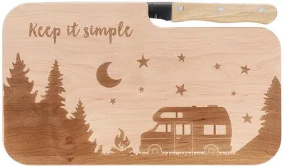 Produktbild von Einfaches Holzplankje mit Messer und Campermotiv