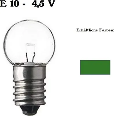 Eine kleine Glühbirne vom Typ E 10 - 4,5 V mit metallischen Sockel. Grünes Rechteck abgebildet.