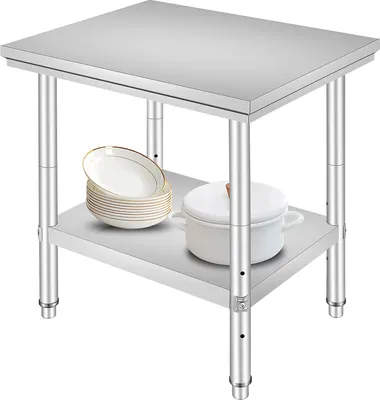 A stainless steel preparation table with a lower shelf, holding bowls and a pot.