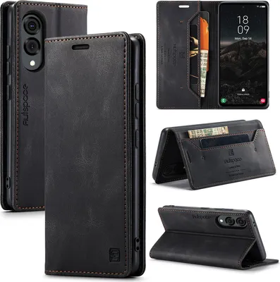 Image de Étui pour Samsung Galaxy S25 Edge, étui rétro en cuir PU, support et étui de protection noir