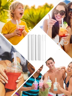 Produktbild von Bubble Tea Trinkhalme 14 mm - wiederverwendbare Glasstrohhalme - 2 Reinigungsbürsten - breite Glasstrohhalme - dicke Glasstrohhalme - Smoothie Cocktail Tapioka Perlen Tee Glasstrohhalme