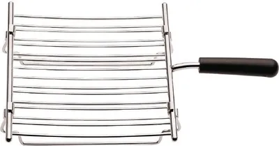 A chrome-plated wire rack with a black handle, isolated on a white background.