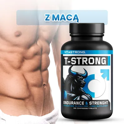 Zdjęcie produktu dla Wegańska peruwiańska Maca z argininą, tauryną i cynkiem - T-Strong Forte, wsparcie energii i witalności, 90 tabletek