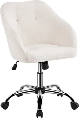 A cream-colored, textured office chair with a chrome base and wheels, shown from a slightly elevated front-side angle against a white background.