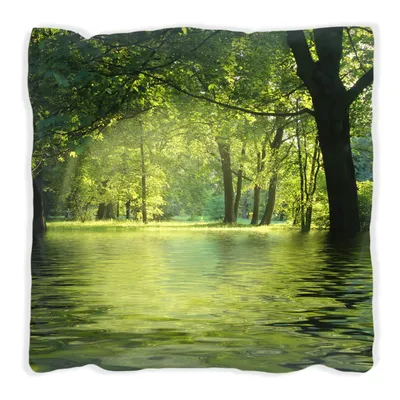 Produktbild von Wallario Premium Kissen, weiche Oberfläche, mit Motiv Idyllischer See im Wald bei Sonnenschein, Größe: 30 x 30 cm, mit weißer Rückseite
