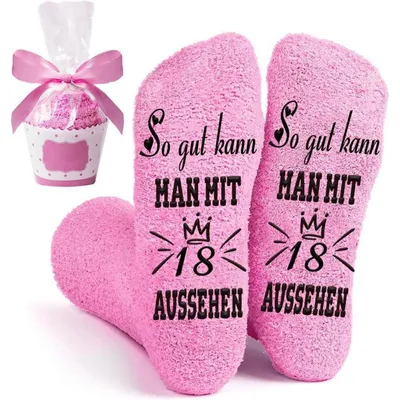 Produktbild von Kuschelsocken Damen 39-42 Antirutsch mit Spruch "So gut kann MAN MIT 18/30/40/50 AUSSEHEN" Polyester Cupcake-Verpackung Rosa