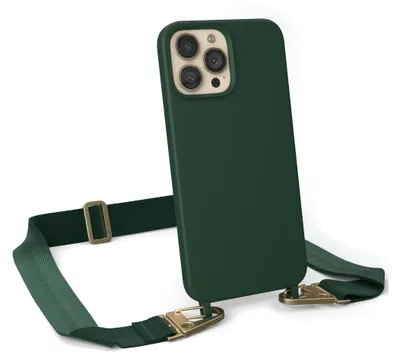 A dark green iPhone case with a gold clip and a dark green strap attached to it, shown against a white background.
