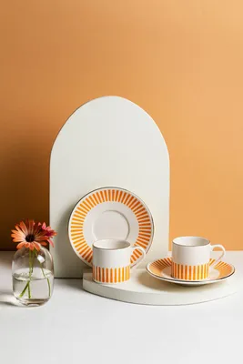Produktbild von Hermia Concept, Hochwertiges Kaffeetassen-Set (4 Teile) - 100% Porzellan, Weiß/Gold/Orange