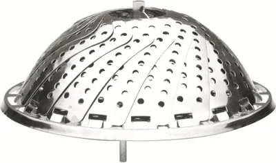 A stainless steel expandable steamer basket is shown against a white background.