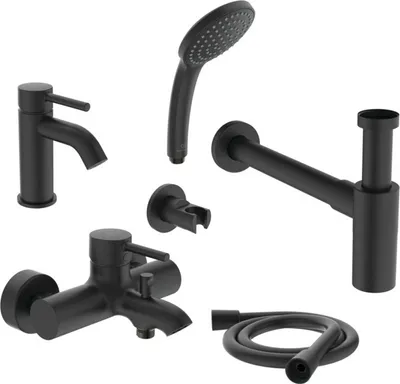 Produktbild von Ideal Standard Armaturen-Paket Ceraline BD370XG Schwarz (Enthält Waschtischarmatur, Badearmatur Aufputz, Brausehalter, Handbrause, Brauseschlauch 1250mm und Flaschensiphon)