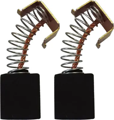 Two carbon brushes with springs and metal holders, isolated on a white background.