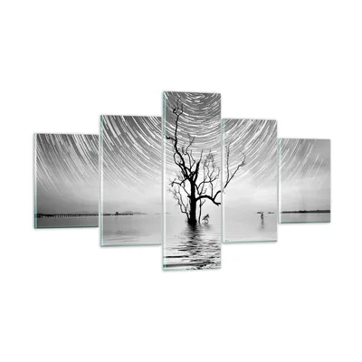 Produktbild von Bilder auf glas - 5 Teile - Schwarzweiß Baum See - 125x70cm - Glasbilder - Wandbilder - Bilder - zum Aufhängen bereit - Wanddekoration aus Glas - Glas Bilder - Wandbild auf Glas - GEA125x70-4253