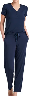 Produktbild von Schiesser Modal Schlafanzug Lounge T-Shirt und lange Hose im Set, Hose mit breitem, elastischem Bund und regulierbarem Satin-Bindeband, Elastischer Single Jersey aus weich fließendem Modal