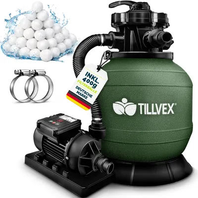Produktbild von tillvex® Sandfilteranlage Pool mit Timer 7.900L/h inkl. 400g Filterbälle | Filteranlage 7-Wege Ventil & 2in1 Adapter Ø32mm - 38mm | Poolfilter mit Druckanzeige | Sandfilter für Schwimmbecken Grün