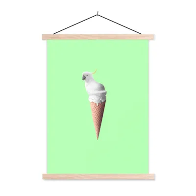 Produktbild von MuchoWow® Textilposter Papagei - Eistüten - Eiscreme - Weiß - Grün 120x160 cm mit holzfarbenen Rahmen - Plakatkarton