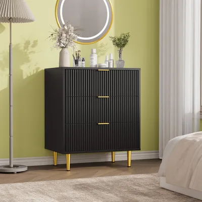 Image de Commode avec façade rainurée, 3 tiroirs, table de chevet pour chambre à coucher ou salon, finition noire structurée