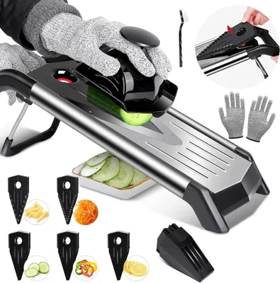 Image de Râpe à mandoline - Coupe-légumes - 5 lames réglables - Acier inoxydable - Protège-doigts - Brosse de nettoyage