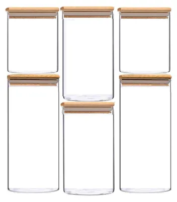 Image de set de 6 boîtes à provisions en verre avec couvercle en bambou - Stylé & hermétique
