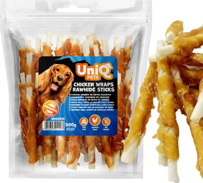 Immagine prodotto di Bocconcino per cani, snack di pollo avvolto in un bastoncino di manzo UniQ 500g