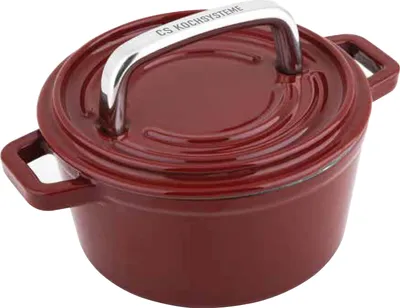 A red enameled cast iron mini pot with a silver handle on a white background.
