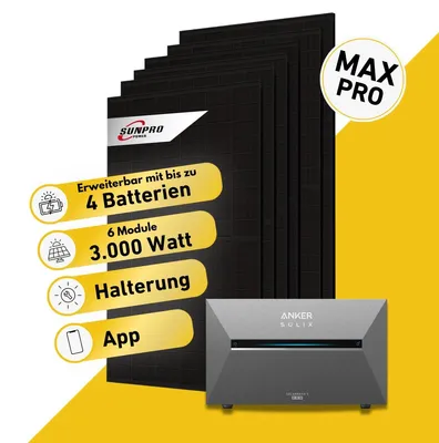 Produktbild von Balkonstrom Balkonkraftwerk 3000W Solaranlage mit Speicher | Biberschwanzdachhalterung | 6xSolarmodul Bifazial | Anker Solix 3 Pro | Kabel 15m