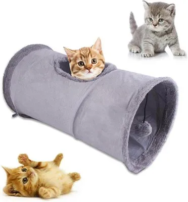 Image de Tunnel pliable pour chat en velours, gris, avec balle, pour petits animaux