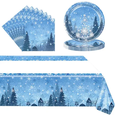Weihnachts-Serviesset Schneeflocken, 37-teilig, Tischdecke, Teller, Servietten