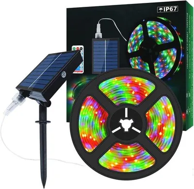 Obrázok produktu pre 10 m RGB solárny LED pásik s meniacou sa farbou – vodotesné dekoratívne vonkajšie osvetlenie s krytím IP67 a 8 režimami osvetlenia