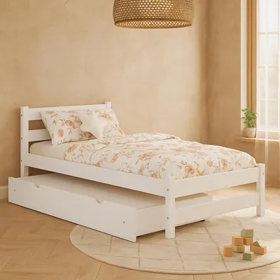Produktbild von MEBLE WRÓBEL Kinderbett 90x180 cm mit Auszugbett und Lattenrost - Einzelbett aus Kiefer Massivholz - Kinder Bett Montessori - Jugendbett in Weiß - ohne Matratze