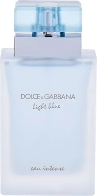 A close-up studio shot of a Dolce & Gabbana Light Blue Eau Intense perfume bottle.