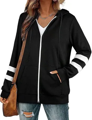 Produktbild von ASKSA Damen Kapuzenpullover Sweatjacke Kordelzug Full Zip Langarm Streifen mit Taschen, Schwarz, M