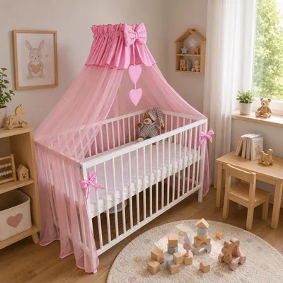 Produktbild von Babybett Betthimmel und Moskitonetz Traumnacht in fantastischen Farben Waschmaschinenfest inkl. Halterung und Accessoires 480x165cm Rosa