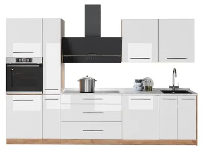 Zdjęcie produktu dla Zabudowa kuchenna Vicco Fame-Line Biały wysoki połysk/Dąb goldkraft 310 cm bez blatu roboczego, Model 64311