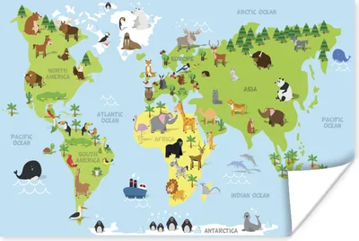 Produktbild von MuchoWow® Poster Weltkarte - Kinder - Tiere - Blau - Grün 120x80 cm - Bilder