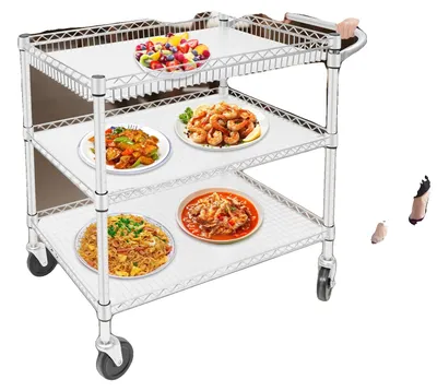 Produktbild von Servierwagen, Kohlenstoffstahl, 3 Etagen, Tragfähigkeit 150 kg pro Etage, Abmessungen 76x46x82,6 cm, 4 Universalräder