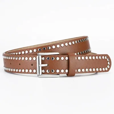 Produktbild von Nieten-Gürtel - Punk-Gürtel mit Schnalle - Polyurethan- Damen - 107 cm - 2,8 cm breit - Kamelbraun