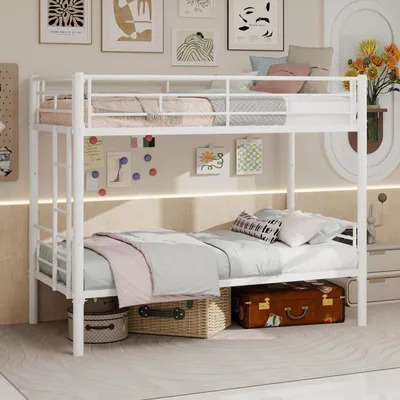 Produktbild von Twin über Twin Metall Etagenbett für Kinder Jungen Mädchen, Metallstruktur Bettgestell mit Leitern & Geländer, Convertible 2 Betten, keine Feder Box erforderlich