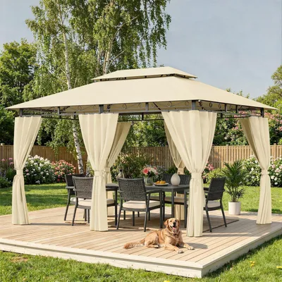 Produktbild von Gartenpavillon 3x4m Wasserdicht Stabil Doppeldach mit Seitenwänden UV-Schutz 50+ Beige