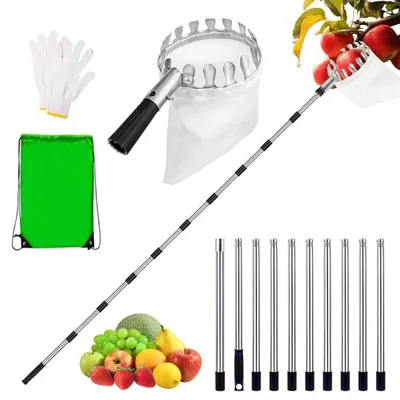 Image de Omgoods - Cueillette de fruits télescopique avec sac en coton et manche en acier inoxydable