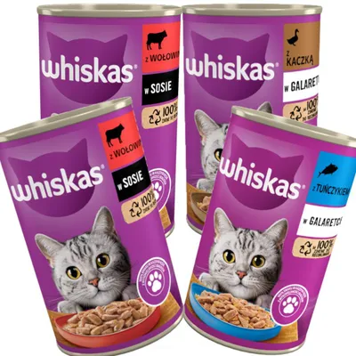 Produktbild von WHISKAS Adult 3 Geschmacksrichtungen 24x400g Nassfutter für ausgewachsene Katzen (Rind, Thunfisch, Ente)