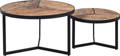Two round coffee tables of different sizes, made of recycled wood and metal, are displayed against a white background.
