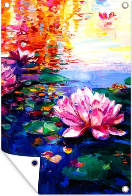 Produktbild von MuchoWow® 60x90 cm Outdoor-Poster Gartendeko Sichtschutz Garten Poster für den Garten  Gemälde - Öl - Seerose - Wasser