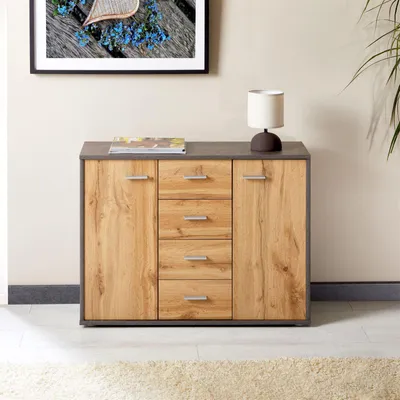 Produktbild von Sideboard JAMIE mit 2 Türen und 4 Schubladen, moderne Kommode Büromöbel in Beton dunkel/Wotan Eiche