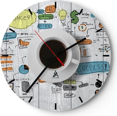 Produktbild von Wanduhr - Rund - Glasuhr - Kaffee Morgen Tasse Frühstück - 30x30cm - Schleichendes Uhrwerk - Lautlos - zum Aufhängen bereit - Dekoration Modern - Wanddekoration aus Glas - C3AR30x30-2481