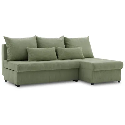 A green sectional sofa with pillows on a white background.